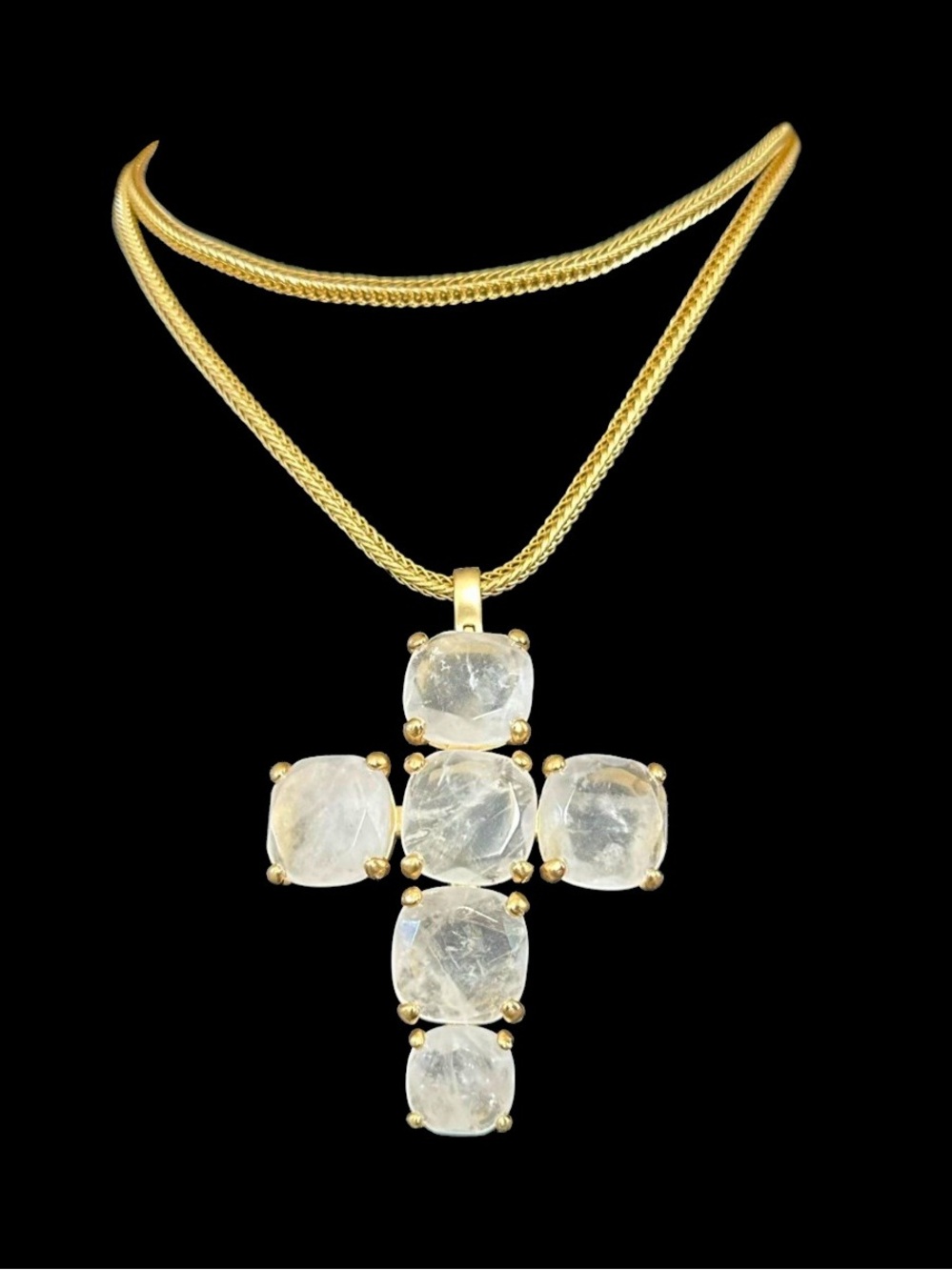 Gold-Tone Cross Necklace with Clear Cushion Gemstones